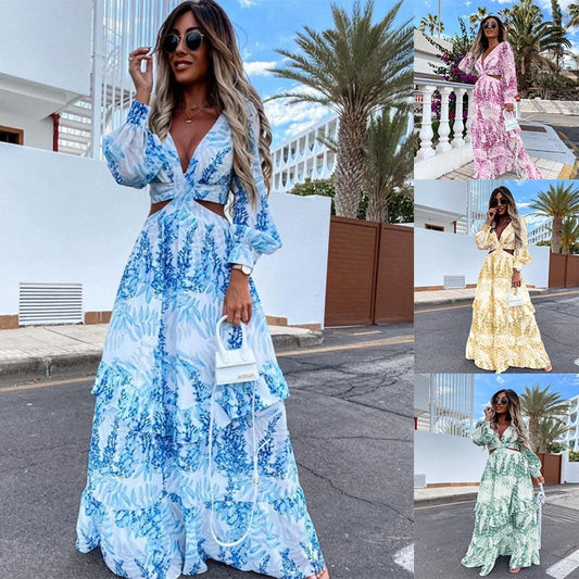 Women Tunic Beach Cover Up 2022 Summer Sexy V-Neck Backless Hollow Out Lantern Sleeve Maxi Dress Female Club Party Long Dresses